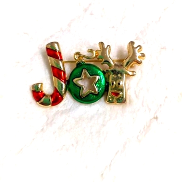 Vintage 1980's Christmas "Joy" Enameled and Goldtone Brooche - Picture 8 of 9